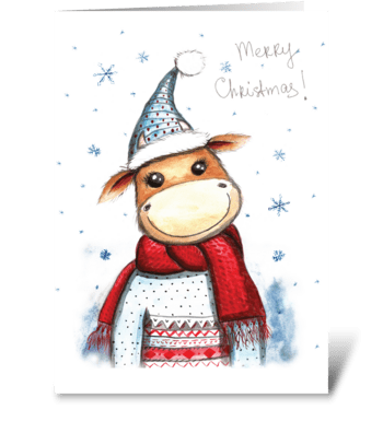 Cute bull in sweater and hat. greeting card