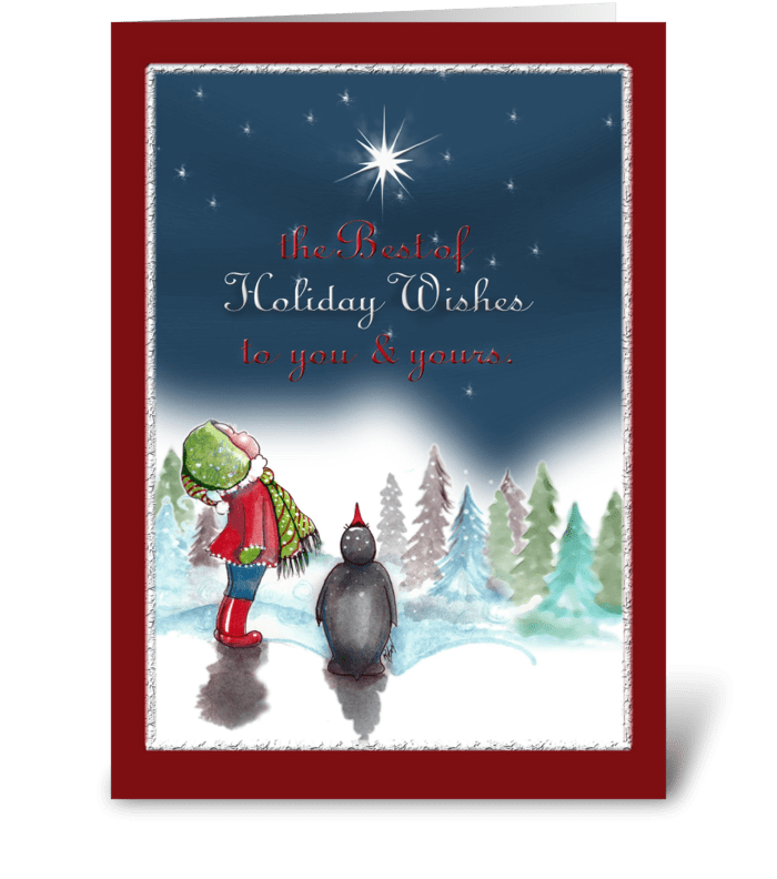 Little Girl With Penguin, Holiday Card greeting card