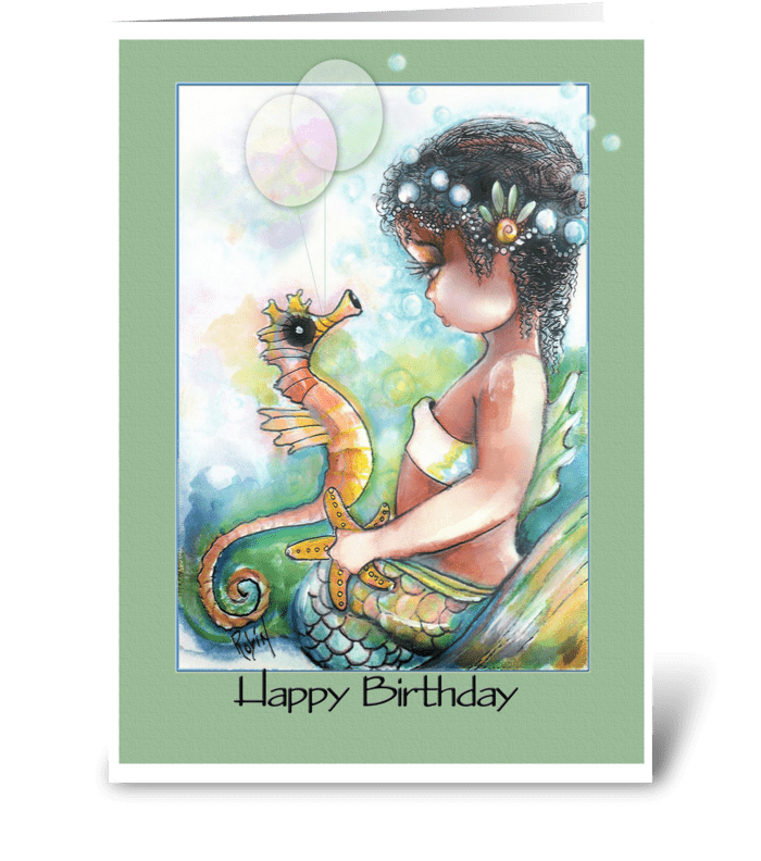 Mermaid and Seahorse, BIRTHDAY greeting card